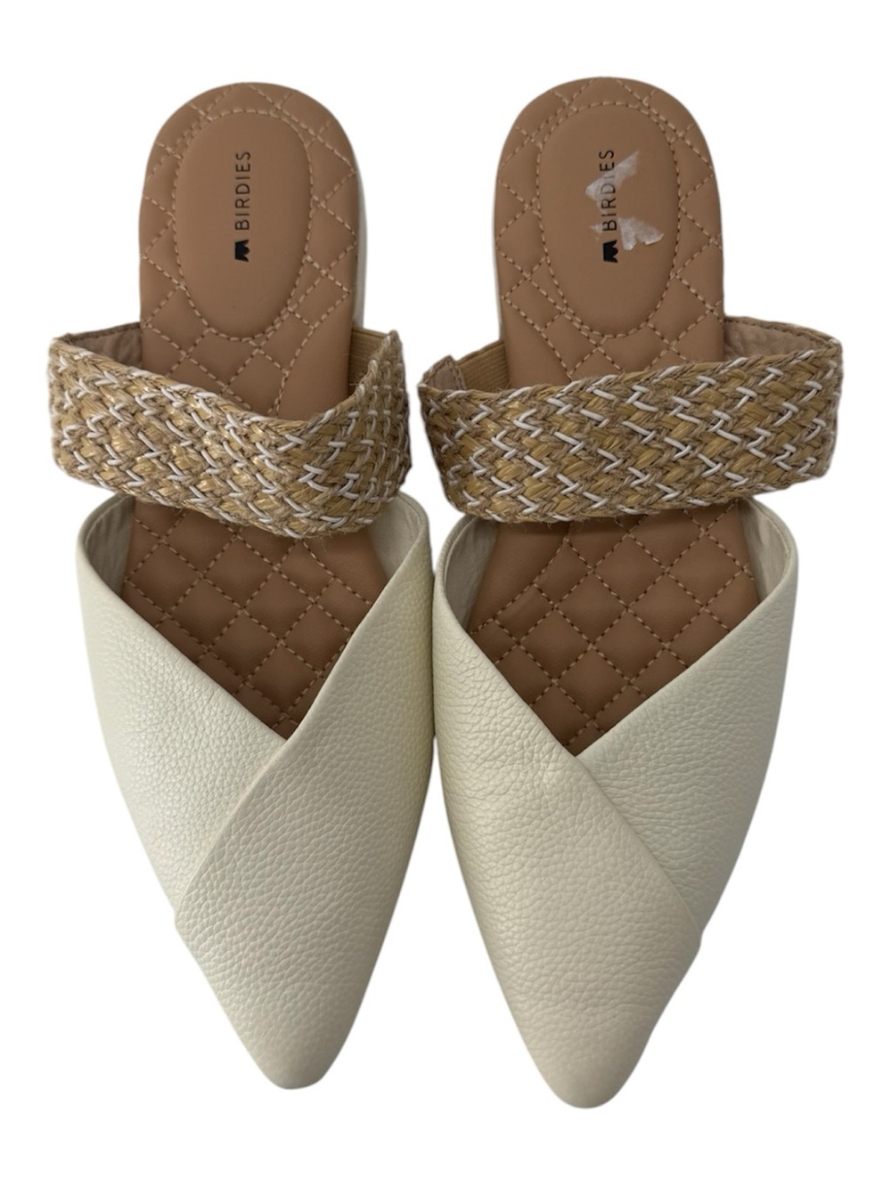 Birdies Swan Cream Mule Flats with Tan Woven Strap
